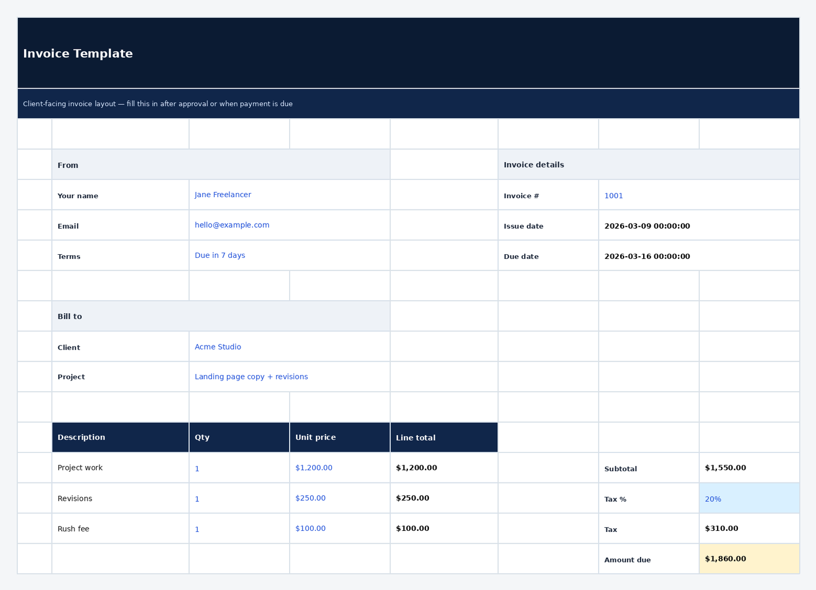 Freelance invoice spreadsheet preview