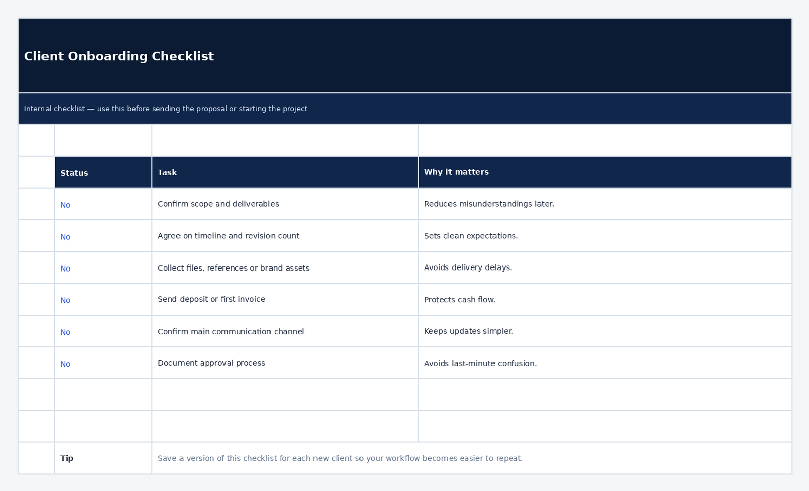 Freelance onboarding checklist spreadsheet preview