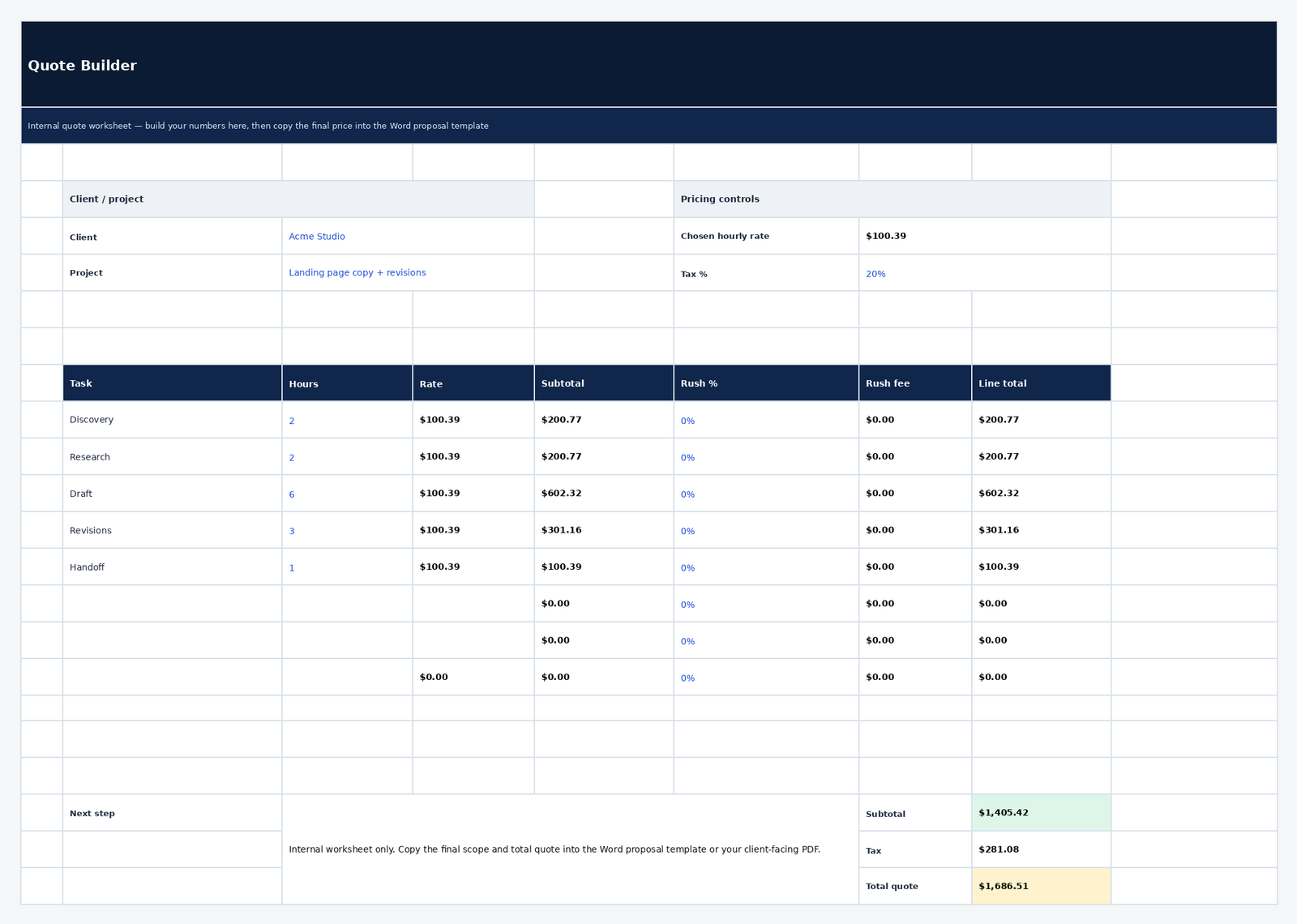 Freelance quote builder spreadsheet preview